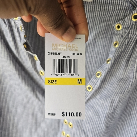 $110 Michael Kors Linen Blend Blouse Sz M White Blue Women Striped 3/4 Sleeves - Picture 5 of 13